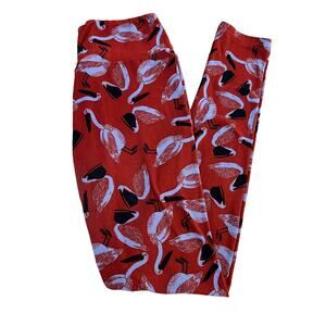 LuLaRoe Leggings Woman OS Red Black Gray Pelican Print Buttery Soft Sueded Knit
